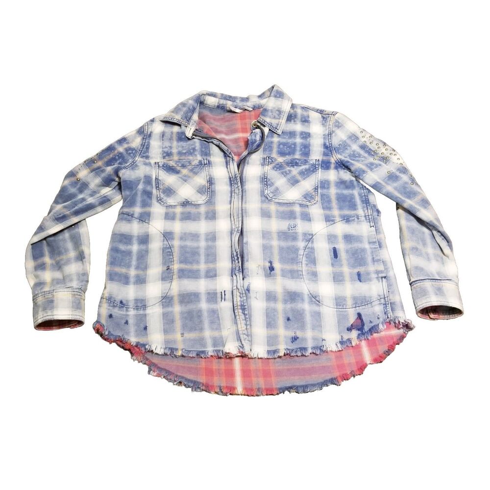 Free People Deconstructed Shirt Jacket Women's Size XS Blue Plaid Grunge Shacket